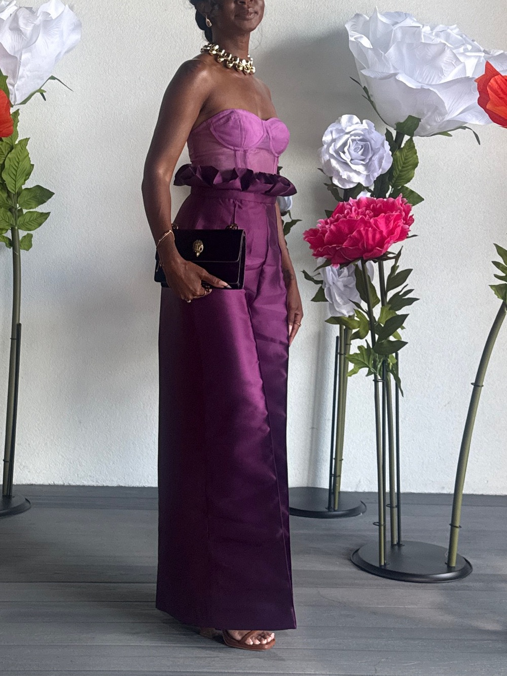 Wide Leg Purple Pants with Ruffle Waist